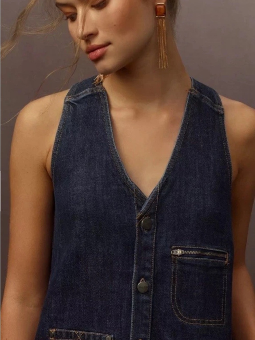 Pilcro Anthropologie Pinafore V Neck Mini Blue Denim Dress XL New NWT Sleeveless - Picture 5 of 11